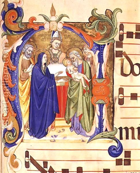 ms 572 f 88r historiated initial 27n27 depicting the presentation in the temple from an antiphon from santa maria del carmine florence